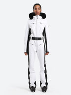 Les Odettes women's classic faux fur one-piece ski suit with over ski design, warm and stylish for winter snowboarding and skiing.