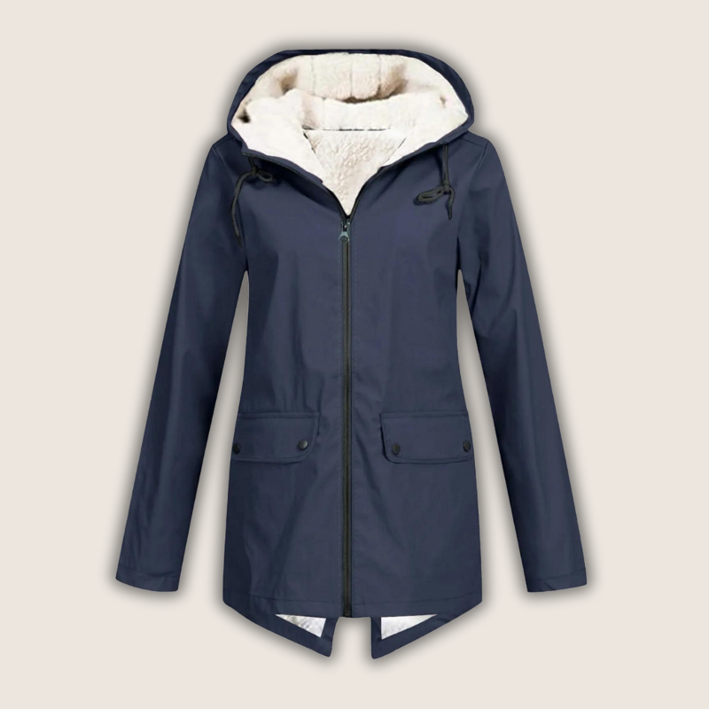 Les Odettes ThermaShell™ windproof and waterproof rain jacket, lightweight coat with hood, suitable for outdoor weather protection.