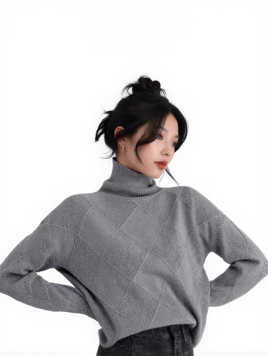 Women’s Argyle Wool Turtleneck Sweater – Soft Autumn/Winter Layer