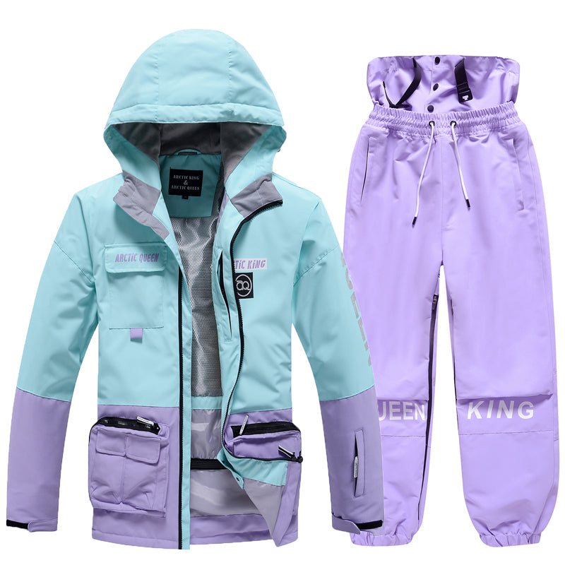 Men's Arctic King winter snowboarding suit by Les Odettes, includes snow jacket and pants set designed for winter sports.