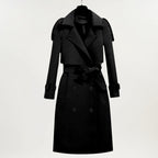 Ashly™ longline trench coat by Les Odettes, beige fabric with classic collar and belt, stylish outerwear for women.