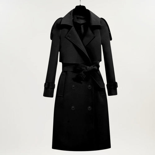 Ashly™ longline trench coat by Les Odettes, beige fabric with classic collar and belt, stylish outerwear for women.