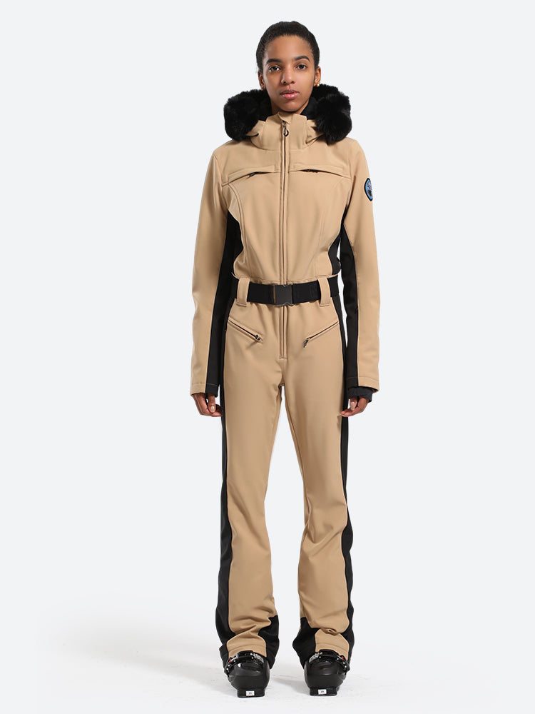 Les Odettes women's classic faux fur one-piece ski suit, featuring a stylish design and warm insulation for winter sports.