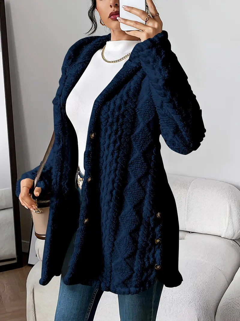 Adriana™ Plush Hooded Cardigan by Les Odettes, soft and cozy with a hood, displayed on a hanger against a neutral background.