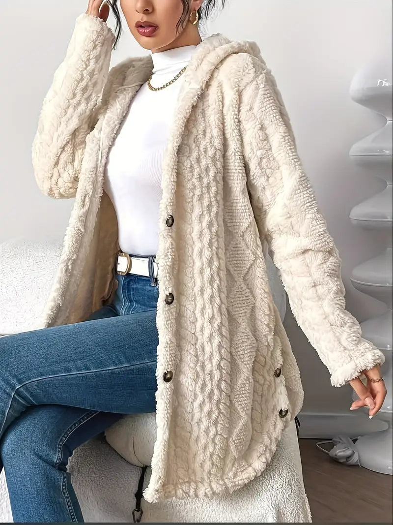 Les Odettes Adriana™ plush hooded cardigan, soft cozy fabric, front pockets, shown in a relaxed fit with a hood and long sleeves.