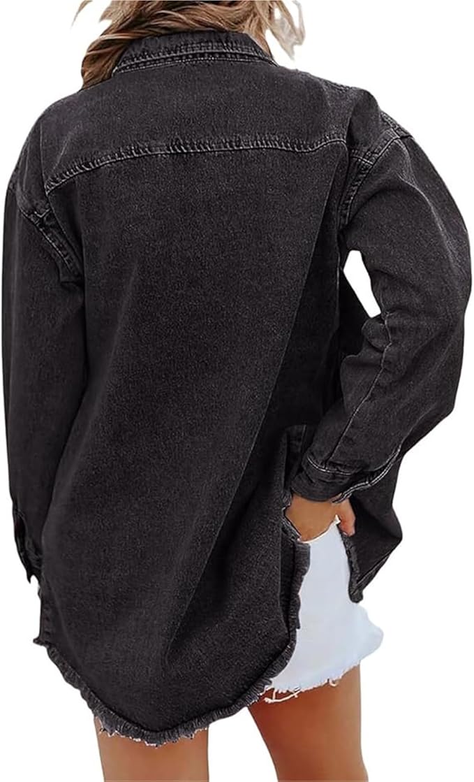 Les Odettes Gabriella™ denim jacket shown in classic blue with button closure and collar, styled on a hanger for casual wear.