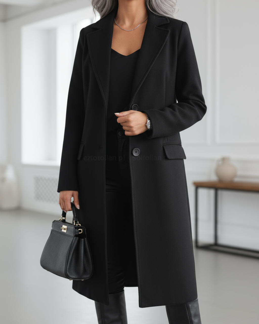 Judith™ elegant long coat by Les Odettes, shown in side view with tailored fit and classic collar on neutral background.