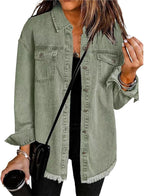 Les Odettes Gabriella™ denim jacket featuring classic blue denim with front pockets and button closure.