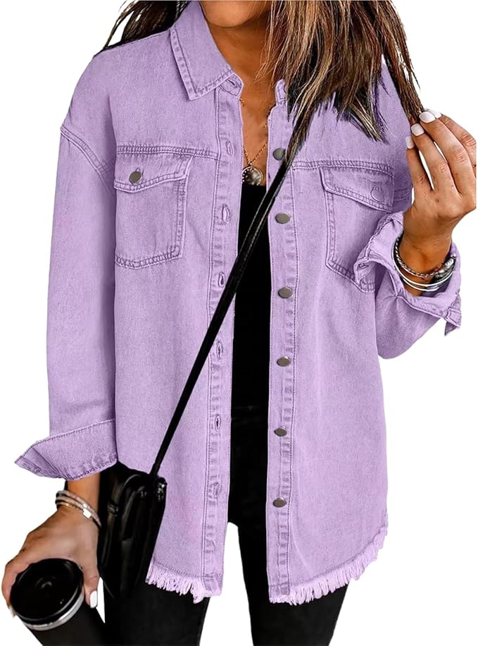 Les Odettes Gabriella™ denim jacket with classic blue denim, button-front design, and collar, styled for casual wear.
