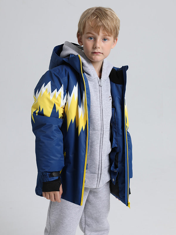 Les Odettes boys and girls Phibee Lightning duck down snow jackets, colorful kids' winter jackets with hoods and insulated design.