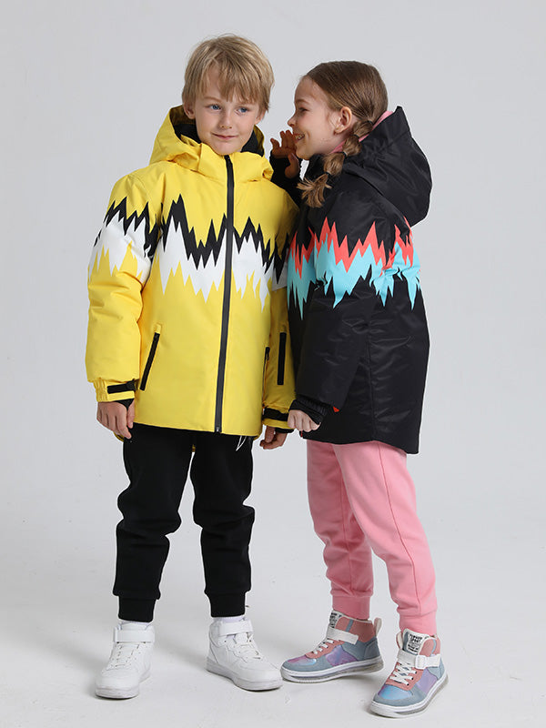 Kids' Les Odettes Phibee Lightning Duck Down Snow Jacket for boys and girls, insulated winter jacket with a bright, playful design.