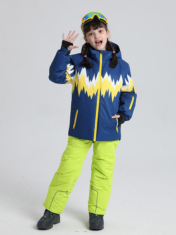 Kids boys and girls Phibee Lightning Duck Down Snow Jacket by Les Odettes, featuring a bright, insulated winter jacket with a hood.