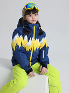 Kids' Les Odettes Phibee Lightning Duck Down Snow Jacket for boys and girls, featuring a colorful, insulated winter coat with hood.