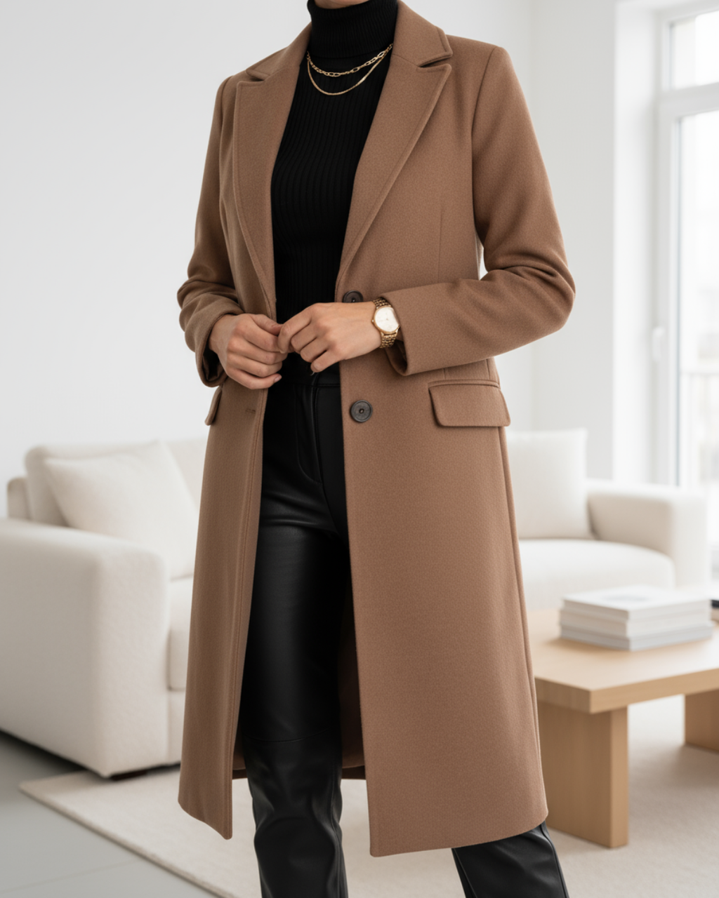Elegant Judith™ long coat by Les Odettes, shown in a flattering silhouette with tailored details and a classic design.