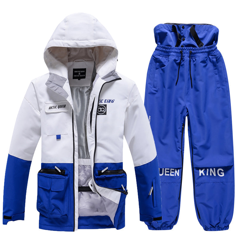 Men's Arctic King winter snowboard suit by Les Odettes, featuring a snow jacket and pants set designed for winter sports.