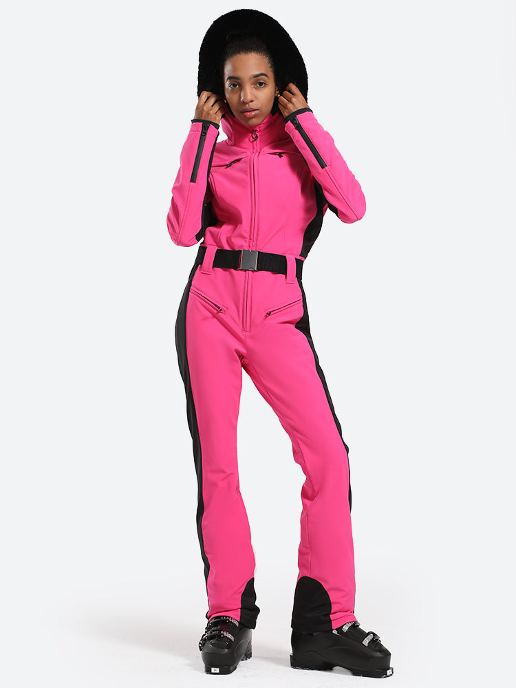 Les Odettes women's classic faux fur one-piece ski suit, featuring a stylish ski suit with faux fur trim and winter insulation.