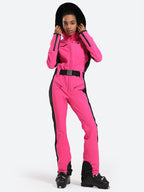 Les Odettes women's classic faux fur one-piece ski suit, featuring a stylish ski suit with faux fur trim and winter insulation.