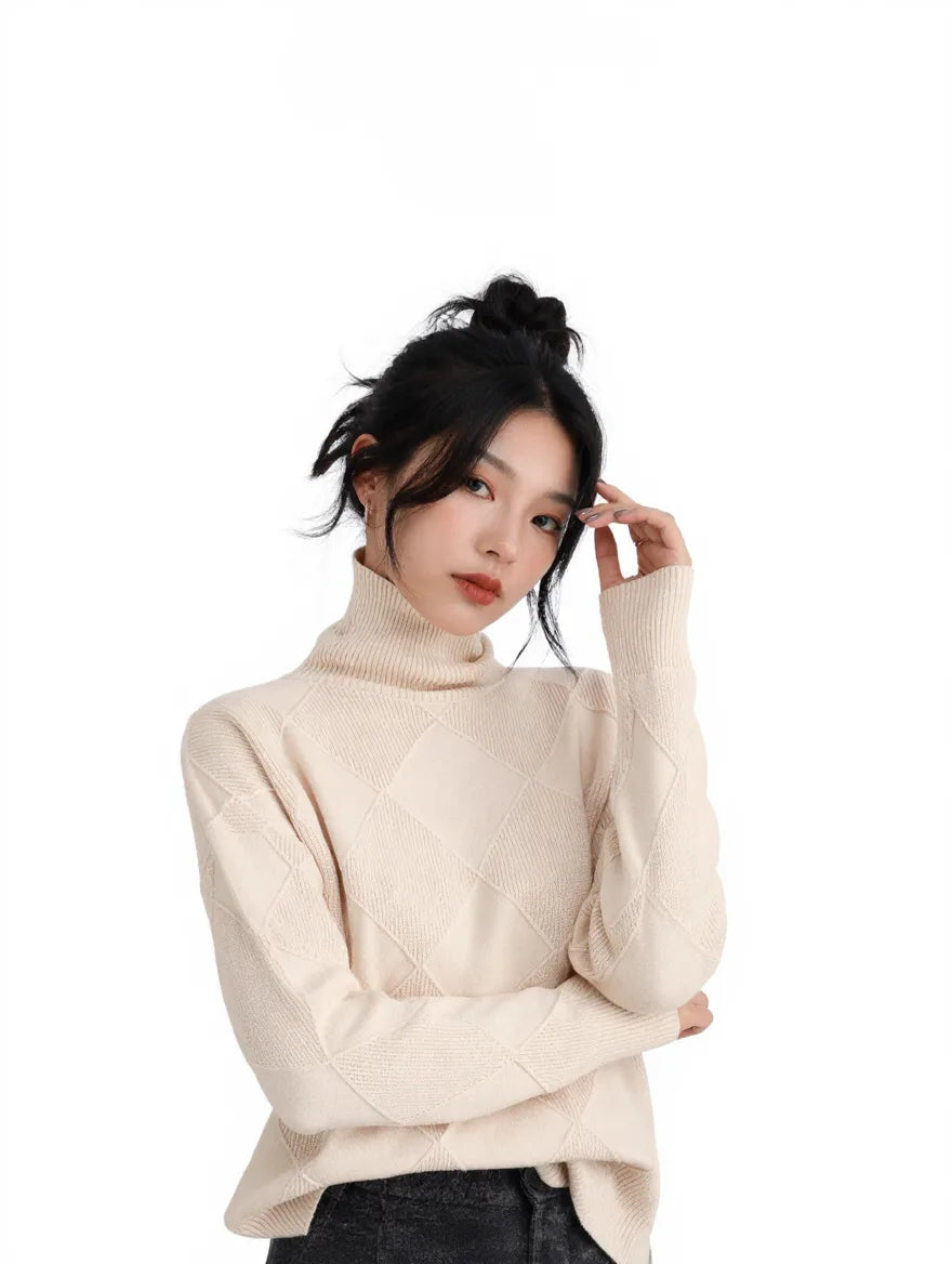 Women’s Argyle Wool Turtleneck Sweater – Soft Autumn/Winter Layer