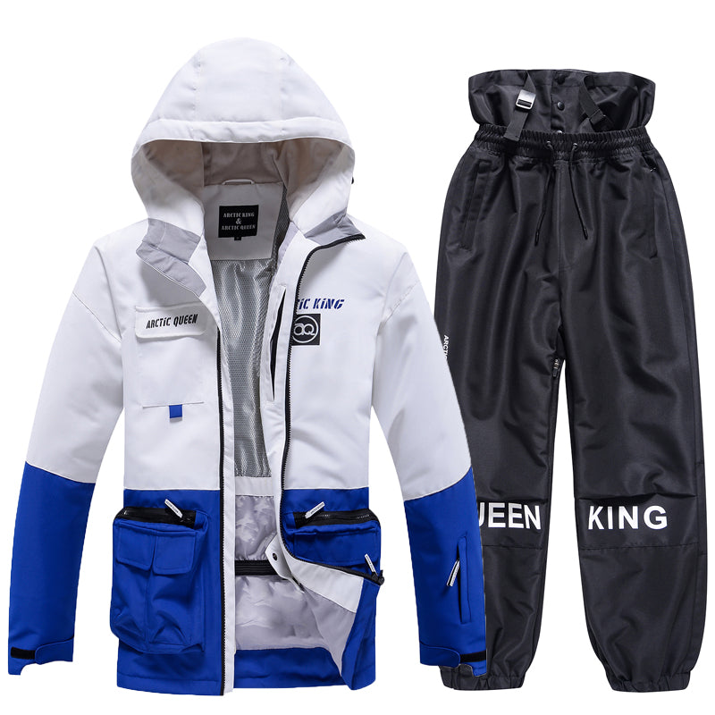 Men's Arctic King winter sport snowboard suit by Les Odettes, featuring a snow jacket and pants set for cold weather snowboarding.