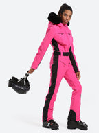 Women's Les Odettes over ski suit with classic faux fur collar, one-piece design, insulated for winter snowboarding and skiing.