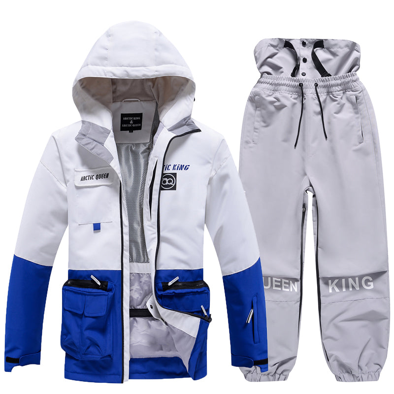 Men's Arctic King winter sport snowboard suit by Les Odettes, showing a stylish snow jacket and pants set for men.