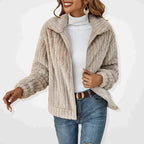 Les Odettes Isadora™ Fluffy Cardigan in beige, showcasing a cozy, casual jacket with plush fabric and a relaxed fit.