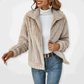 Les Odettes Ava™ elegant beige jacket with plush, casual cardigan style, shown on a model.