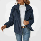 Dark blue Les Odettes Isadora™ Fluffy Cardigan jacket with a cozy, plush texture, perfect for casual and stylish wear.