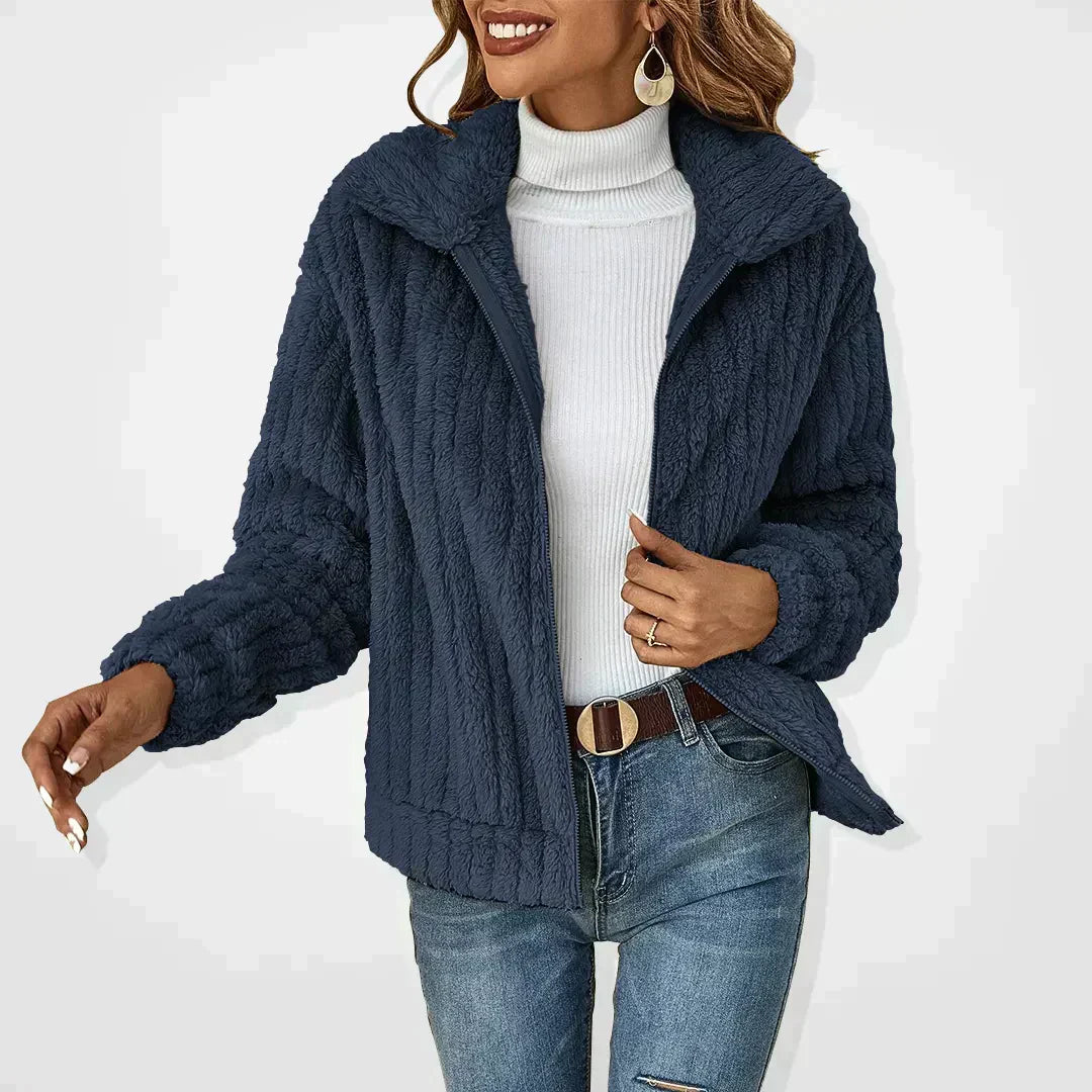 Dark blue Ava™ elegant jacket by Les Odettes, featuring a plush, casual cardigan style with a soft, cozy fabric.