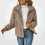 Les Odettes Ava™ elegant khaki jacket with plush cardigan-style design, showcasing a casual yet sophisticated look.