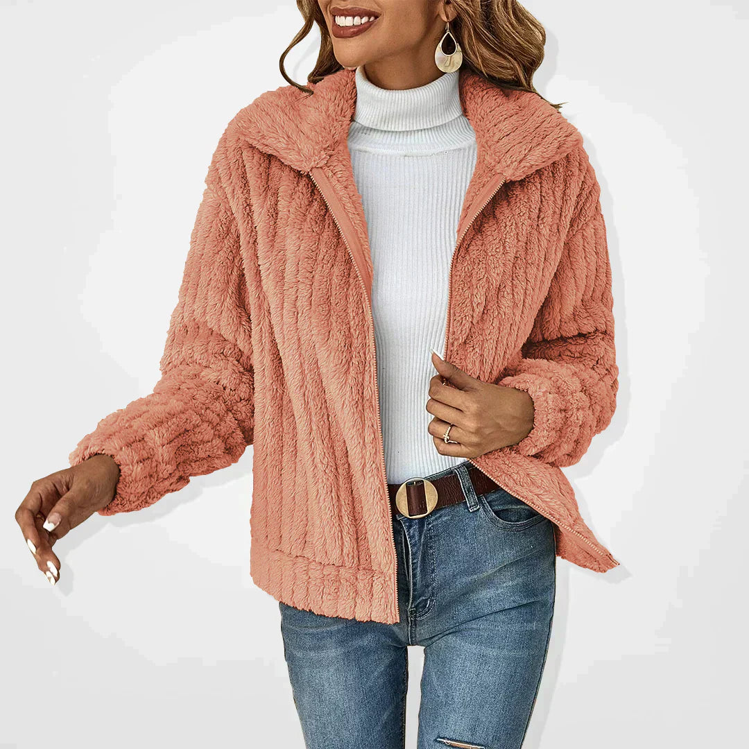 Les Odettes Isadora™ Fluffy Cardigan in soft pink, cozy casual jacket with plush texture, perfect for layered fall or winter looks.