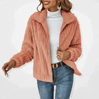 Les Odettes Ava™ elegant jacket in plush rose with a casual, cozy design and soft fabric, displayed on a neutral background.