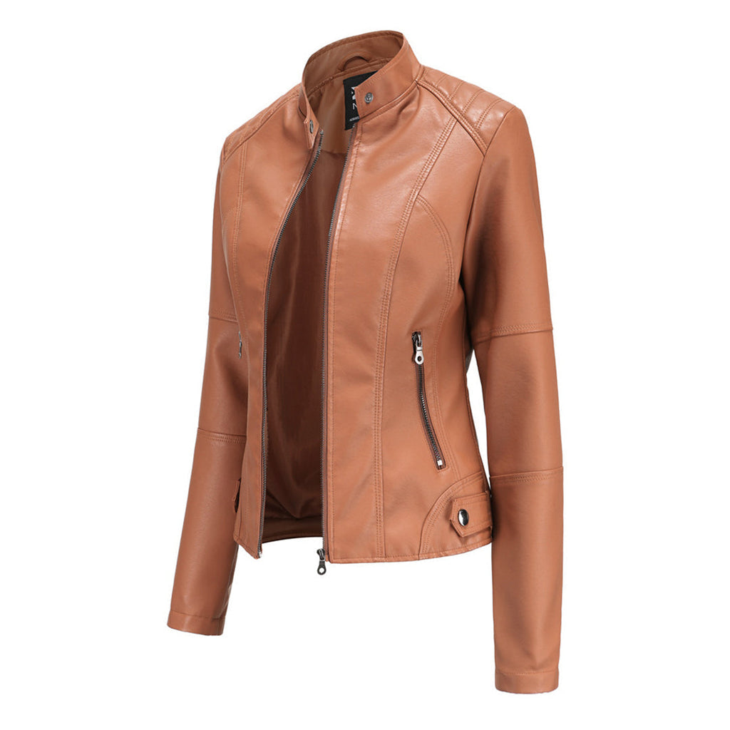 Les Odettes Zyra™ sleek camel jacket with modern design, featuring clean lines and a stylish silhouette.