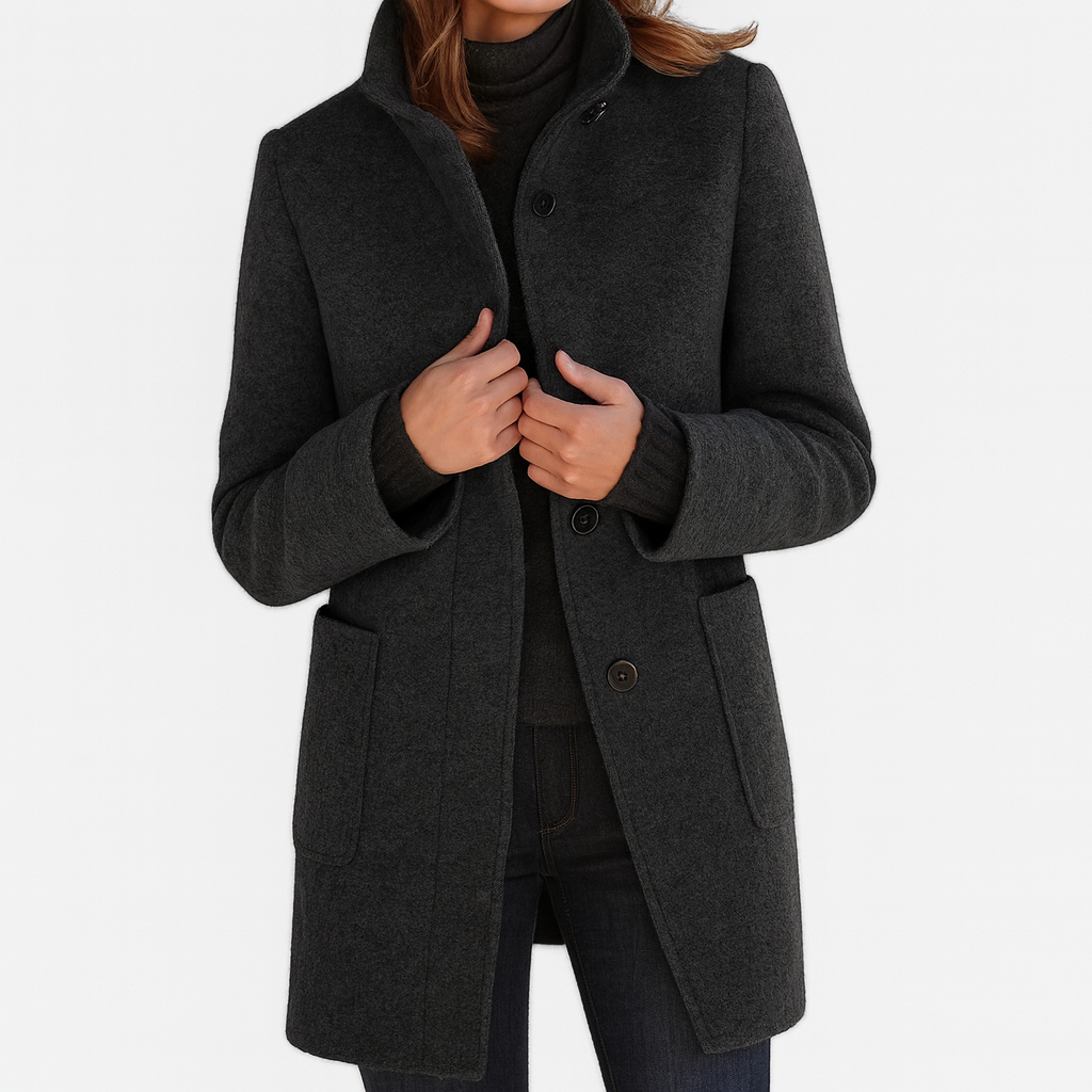 Les Odettes Camila™ women's coat, timeless design in neutral fabric, featuring classic collar and tailored fit.