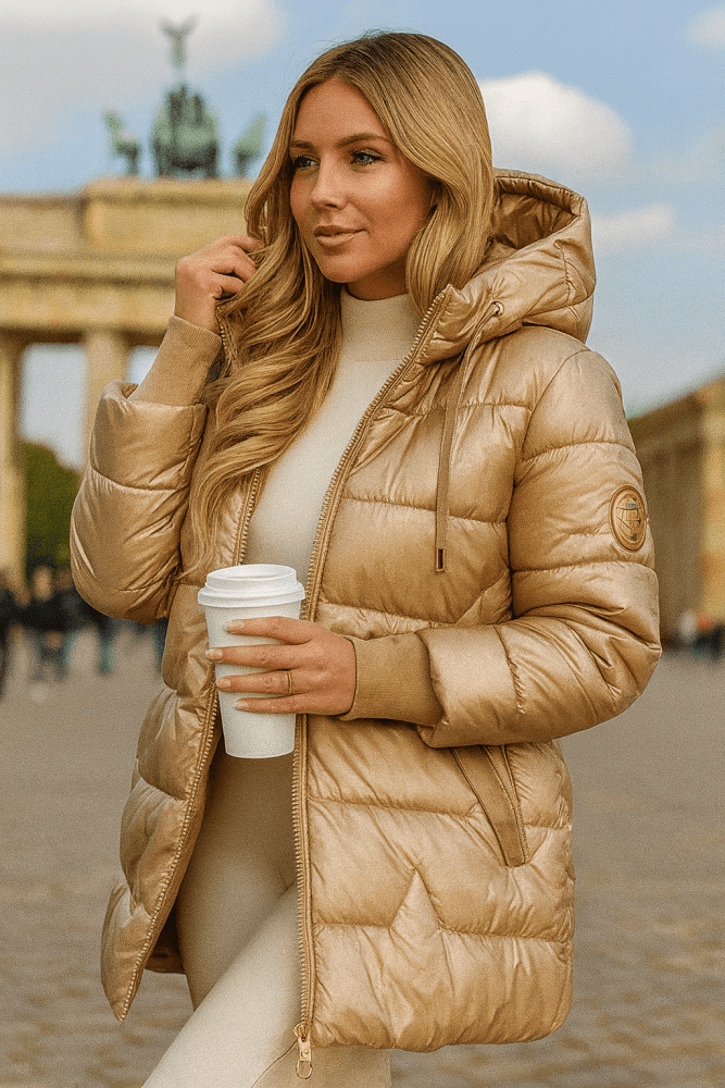 Les Odettes Raven™ stylish winter coat displayed on a model, featuring a sleek design and warm fabric for cold weather.