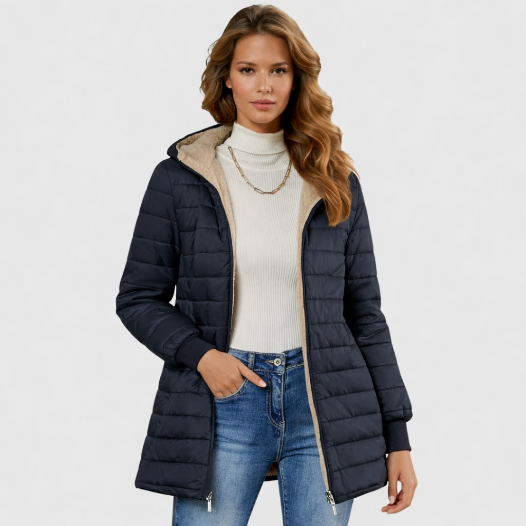 Geraldine Sherpa-lined winter coat by Les Odettes featuring plush interior, cozy hood, and stylish design for cold weather warmth.