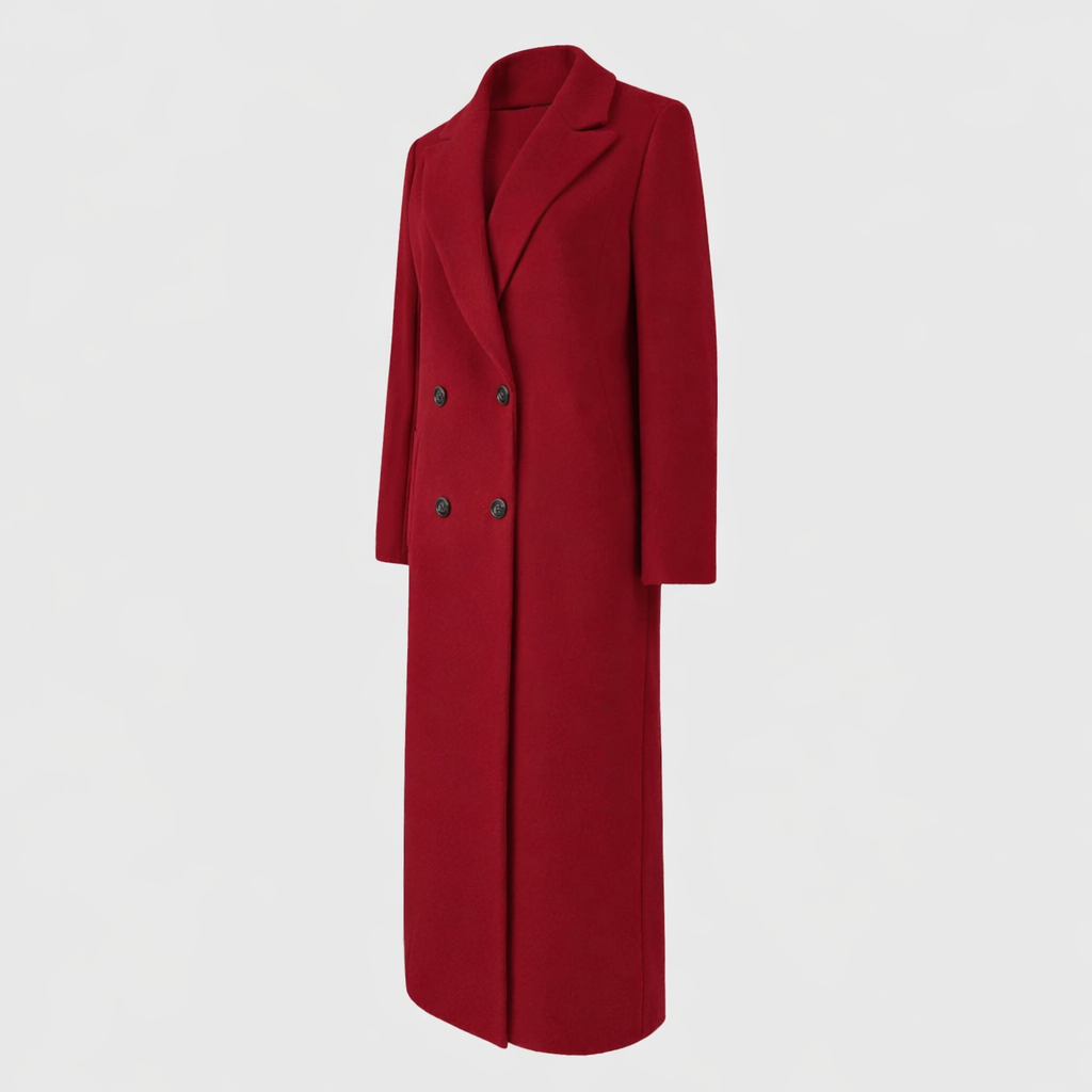 Les Odettes Sally™ longline winter trench coat displayed on a model, featuring a classic double-breasted design and belt.