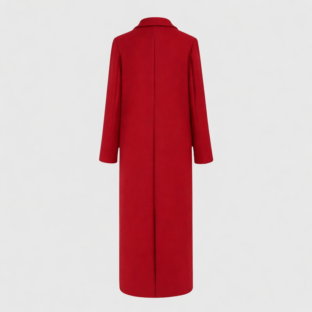 Les Odettes Sally™ longline winter trench coat draped on a hanger, showcasing its classic design and warm fabric.