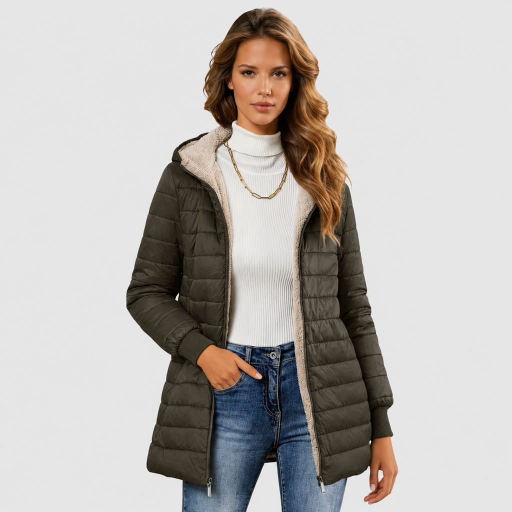 Les Odettes Geraldine Sherpa-lined winter coat shown in a cozy, warm coat with a plush sherpa lining and stylish design.