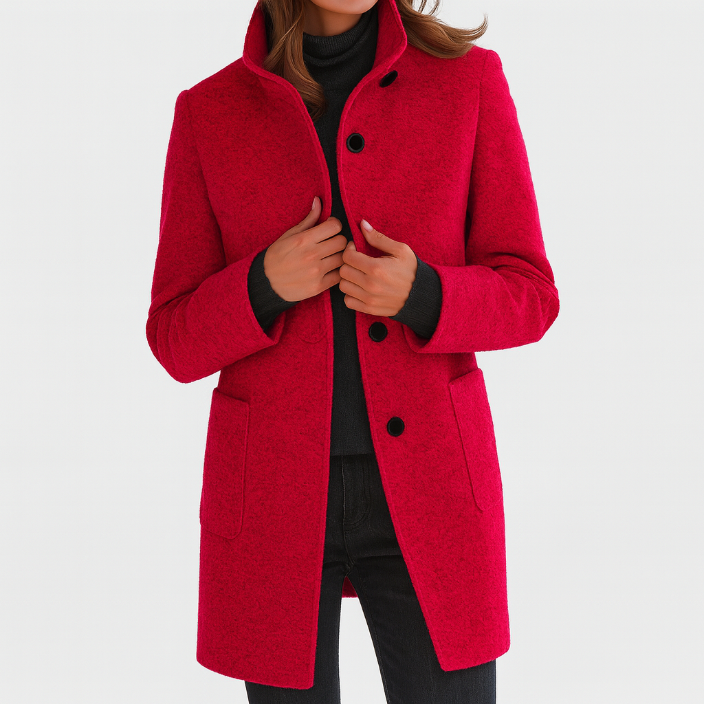 Les Odettes Camila™ timeless women's coat in classic design, shown on a model with neutral background and elegant styling.