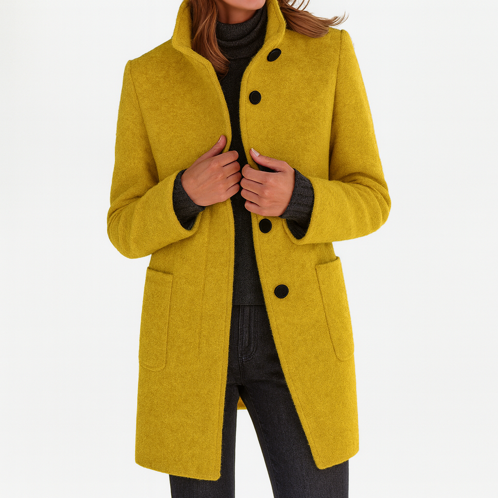 Camila™ Les Odettes women's timeless coat in neutral fabric, featuring a classic tailored fit and elegant collar detail.