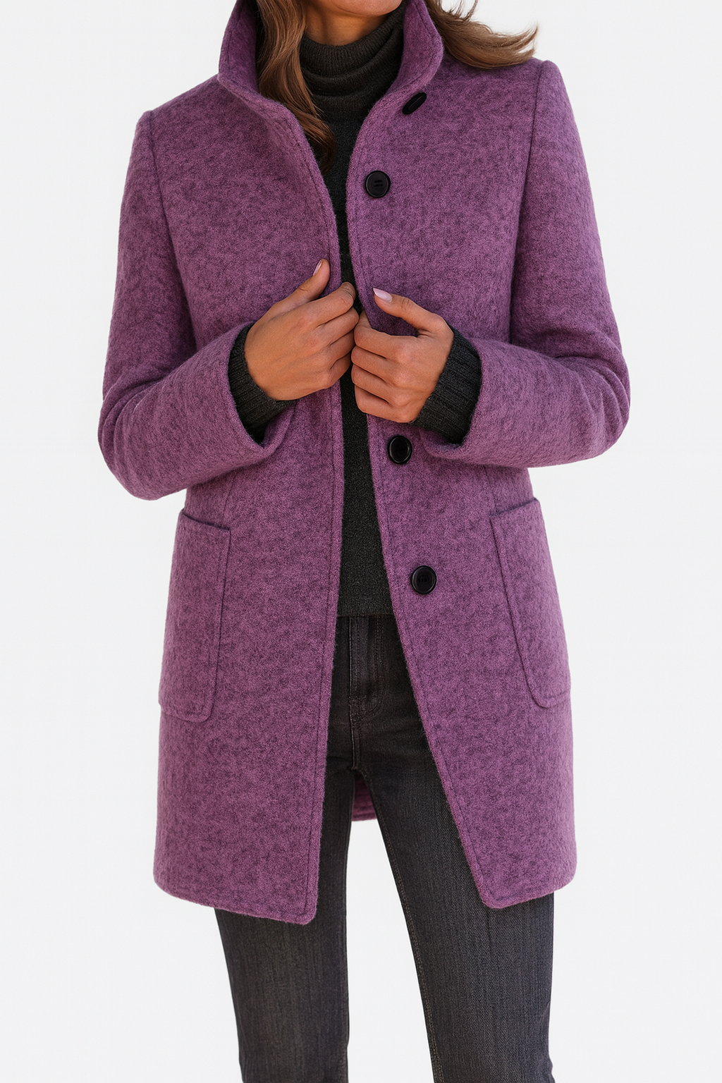 Les Odettes Camila™ women's coat in classic design, shown in a stylish, tailored silhouette with a collar and button details.
