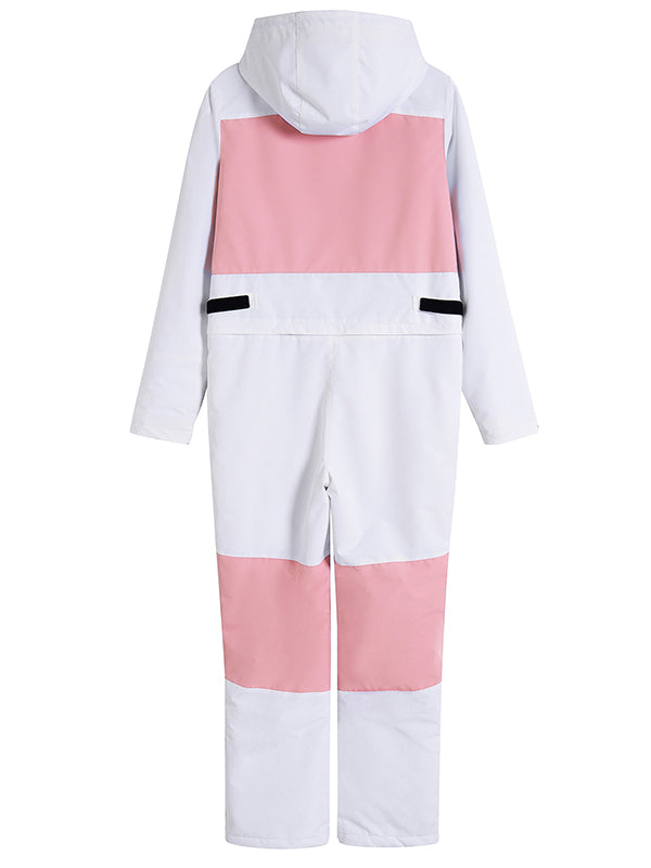 Les Odettes Women's Arctic Queen Slope Star Icon ski suit, one-piece winter snow jumpsuit with star design on white fabric.