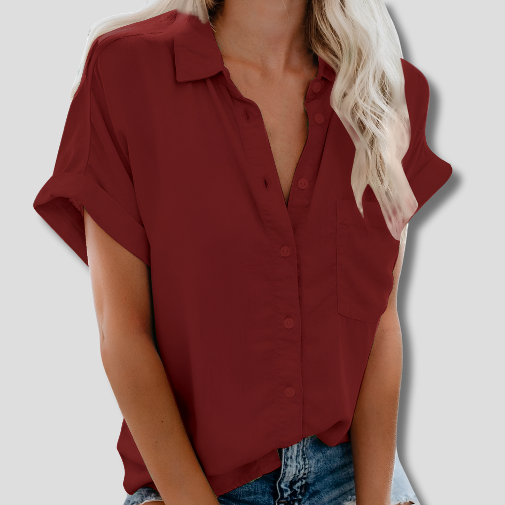 Women’s Button Up Short Sleeve Collared Blouse with Pockets