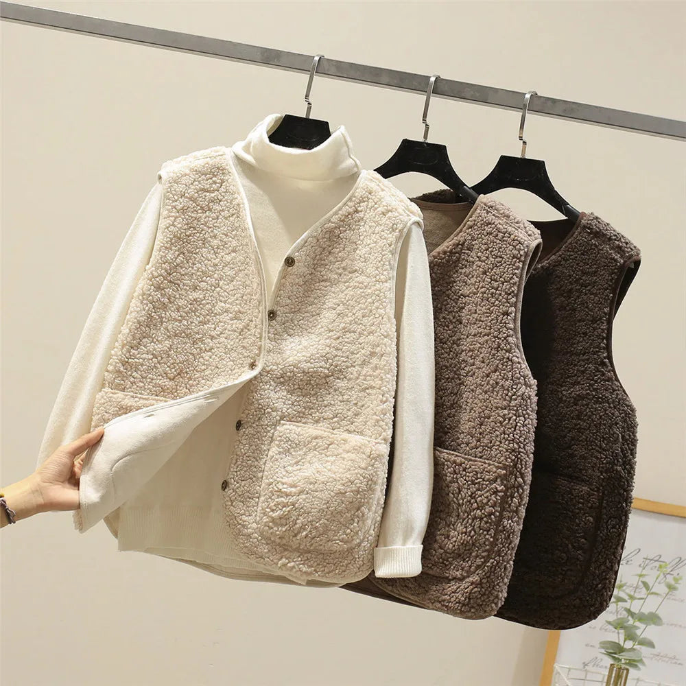Les Odettes Celeste™ soft comfort vest displayed on a model, showcasing its cozy fit and lightweight design.