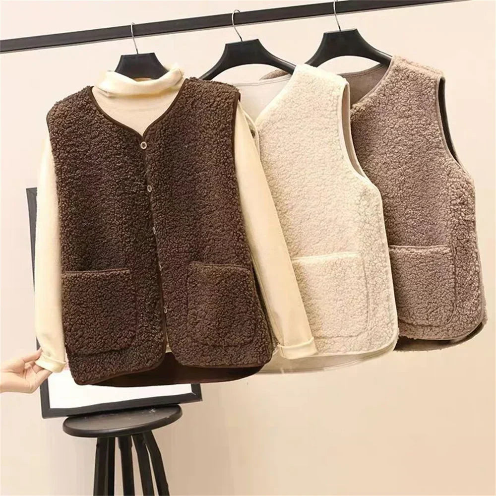 Les Odettes Celeste™ soft comfort vest shown on model, featuring a lightweight, cozy vest design in neutral tones.