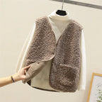 Faye wearing the Les Odettes Celeste™ soft comfort vest, lightweight vest with a cozy fit and smooth fabric, front view