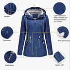 Noa™ waterproof jacket by Les Odettes, sleek black coat with a modern design, featuring a hood and zip closure.