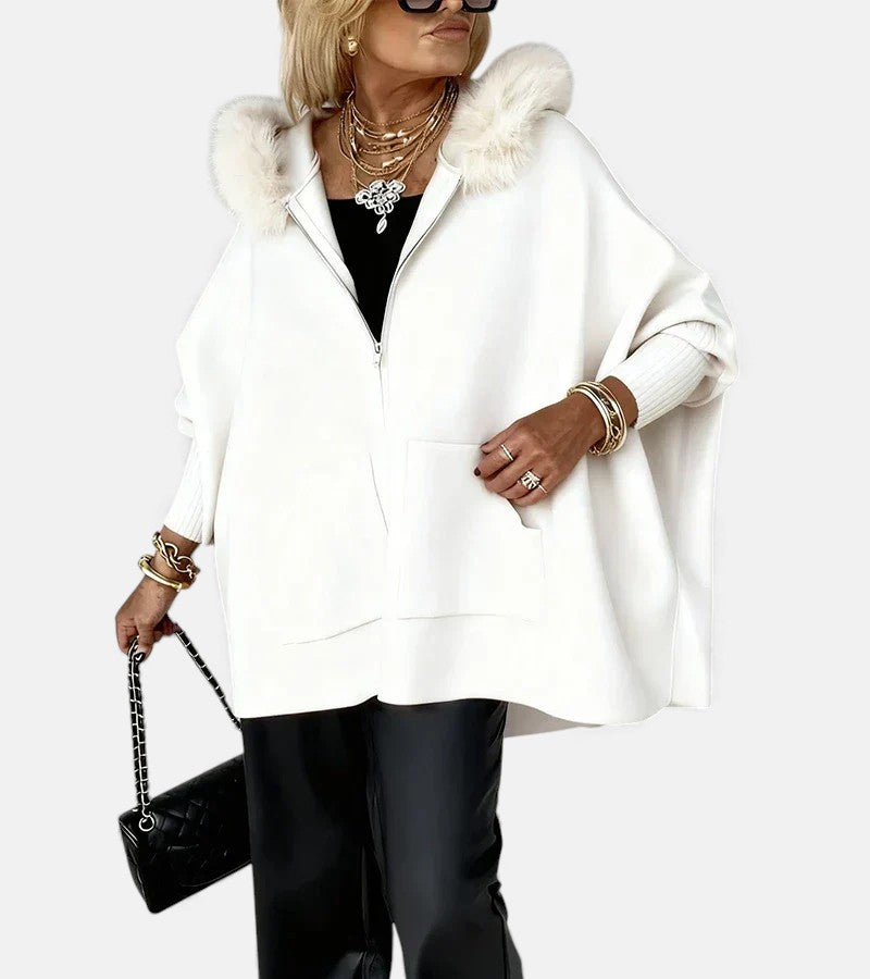 Les Odettes Irene™ casual hooded coat in neutral fabric, displayed on a hanger with a front view and drawstring hood.