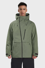Men's camouflage snow jacket by Les Odettes, fully waterproof with face vent and multiple pockets for outdoor winter activities.